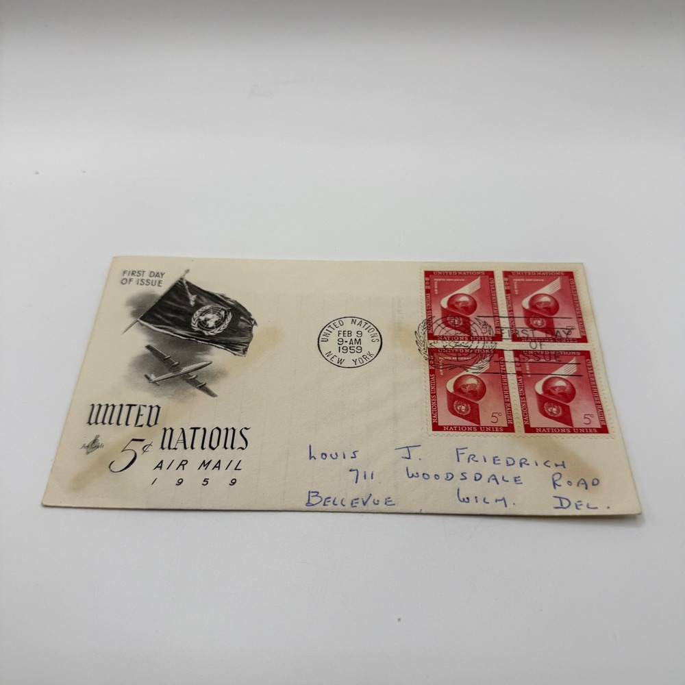 1959 United Nations First Day Cover 5c Air Mail ArtCraft Cachet Block of 4